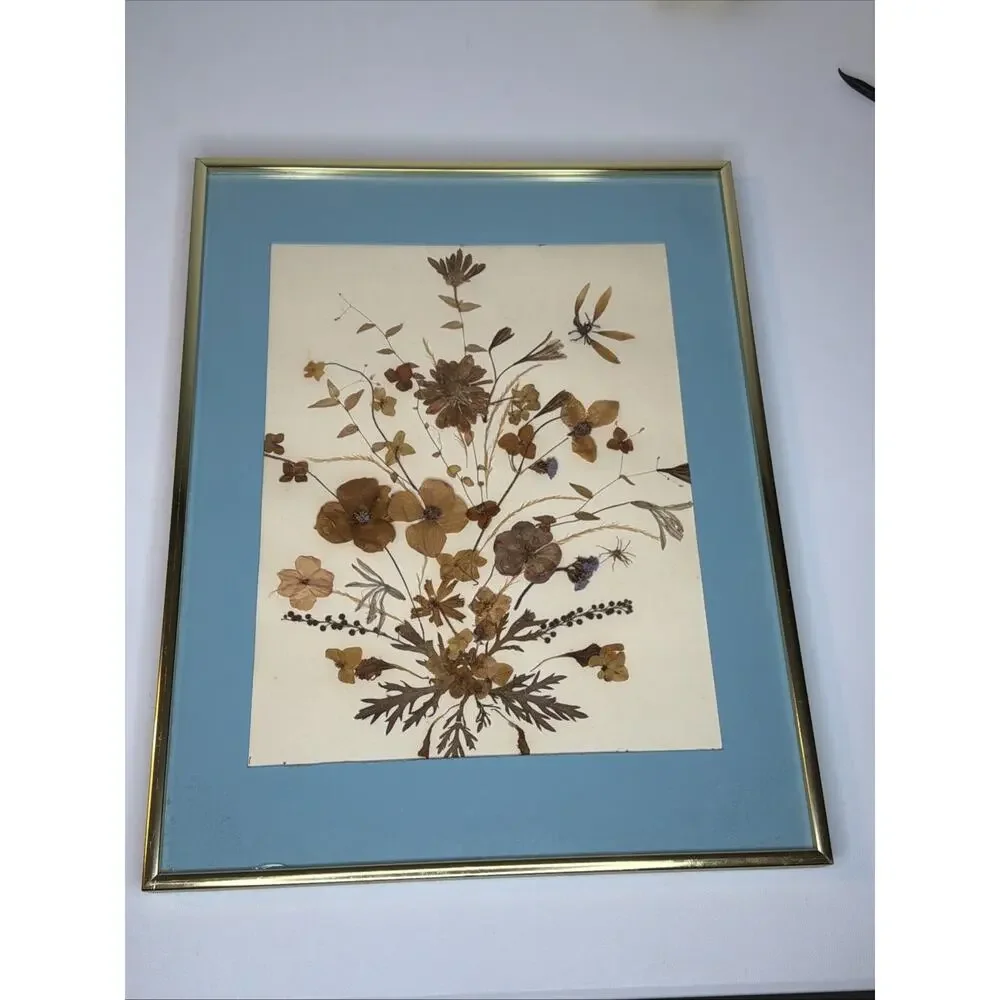Vintage Gold Framed Pressed Flower Art - Real Dried Botanicals